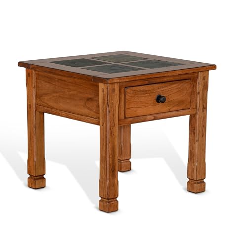 Benzara Marv Side End Table w Drawer- 26 Inch Square Slate Inlay Top- Brown