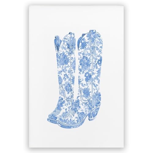 Blue Cowboy Boots Wall Decor Vintage Western Prints Funky Coastal Cowgirl Art Canvas Poster Retro Preppy Wall Art Trendy Posters For Bathroom Living Dorm Room Decor 8x12inch Unframed