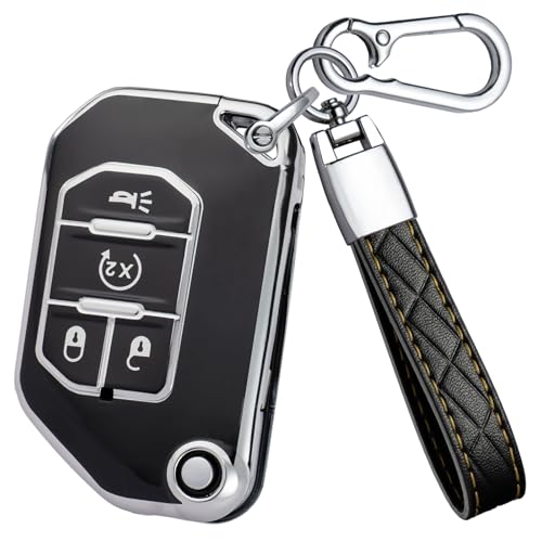 VCCARVN for Jeep Key Fob Cover - TPU Key Shell Case Protector Compatible with Jeep Wrangler JL JLU Rubicon Gladiator JT Sahara 4 Buttons Flip Car Key, Black