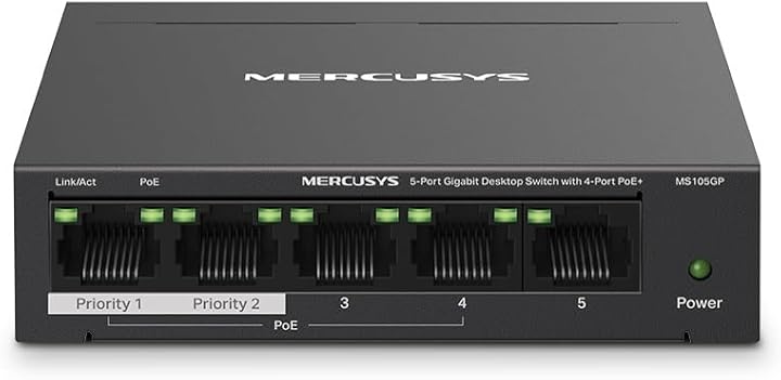 Mercusys MS105GP, 5-Port Gigabit Desktop Switch with 4-Port PoE+