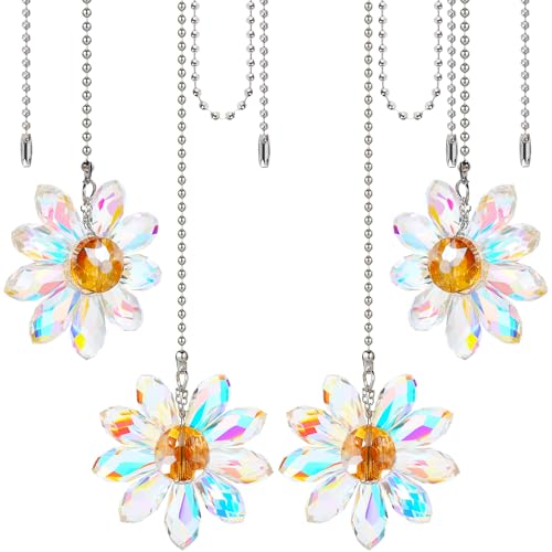 Image of Threehoney 4 Pieces Ceiling Fan Pull Chain Extender Light Pull Light Chain Extender Pack for Ceiling Fans Extension Pack Crystal Glass Flower Pendants with 22.8 Inch(AB Color)