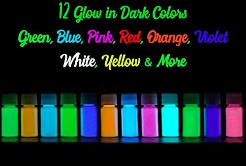 Americos Chemicals Private Limited Skin Safe Long-Lasting Self Glowing DIY Acrylic Paint 12 Color Glow in The Dark Epoxy Resin Luminous Pigment Powder in UV Lamp for Slime Kit, 5 g Each (Total 60 g)