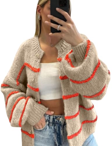Image of QIBABU Womens Striped Cardigan Sweaters Casual Open Front Long Sleeve Button Down Knit Outwear