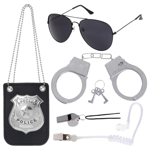 Hmxpls 5Pcs Police Costume Accessories - Police Badge Sunglasses Earpiece Whistle Fake Handcuffs with Keys Set Detective Cop Spy Agent Costume Accessories for Halloween