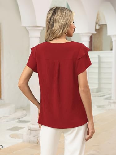 Funlingo Blouses for Women Dressy Casual Short Ruffle Sleeve Crew Neck Tops Summer Flowy Pleated Shirts Business Office Work Clothes Red M — view 4