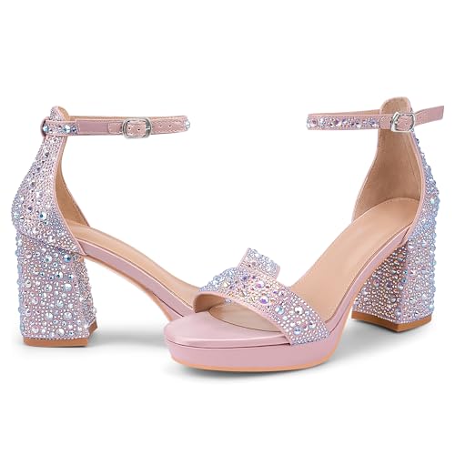 Women's Sparkly Rhinestone Platform Block Heel Sandals Ankle Strap Open Toe Party Wedding Shoes3