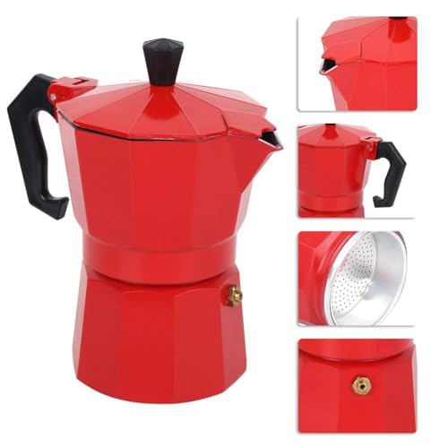 Image of 3 Cup Stovetop Espresso Maker Classic Italian Moka Pot for Gas & Electric Cooktops Durable Aluminum Coffee Maker Easy to Use with Safety Features Perfect for Espresso, Cappuccino, Latte (Red)