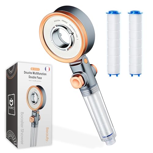 BIORYC ® Pommeau de douche filtrant anti calcaire haute pression | Filtre eau douche avec 2 filtres inclus, économie d’eau, pommeau de douche avec tuyau, shower filter salle de bain (2 filtres)