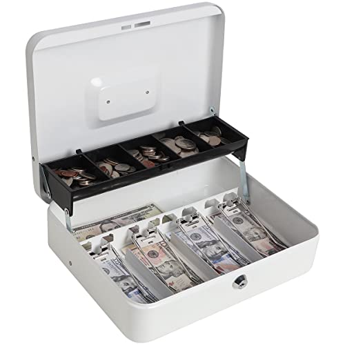 Image of Metal Cantilever Cash Box with Key Lock, Decaller Large Lock Money Box - 5 Compartments & 4 Spring-loaded Clips for Bills, White, 11 4 /5 inch x 9 2 /5 inch x 3 1 /2 inch, QH3010L