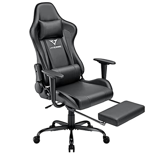 Vitesse Black Gaming Chair with Footrest Game Chair for Teens Gamer Chair Ergonomic Computer Gaming Chair High Back Chair Racing Style Chair Headrest and Lumbar Support PU Leather Desk Chair(400lbs)