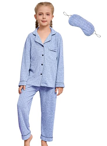 3 Pcs Kids Pajamas Sets Long Sleeve Girls Ribbed Knit Button Down Sleepwear with Eye Mask