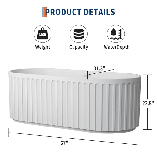 Image of GarveeLife Freestanding Bathtubs 67 inch White Acrylic Free Standing Soaking Tub - Sleek Striped Design with Integrated Overflow, Pop-Up Drain & Hidden Pipe, Perfect for Contemporary Bathroom Decor
