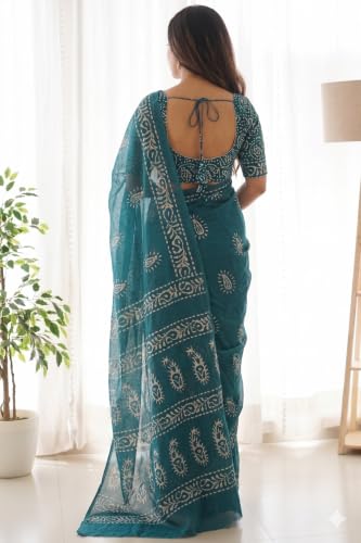 Image of Women's Pure Cotton Printed Saree with Traditional Batik Inspired Border Design, Soft Lightweight Daily Wear Saree with Unstitched Blouse Piece for Festive, Casual and Office Wear