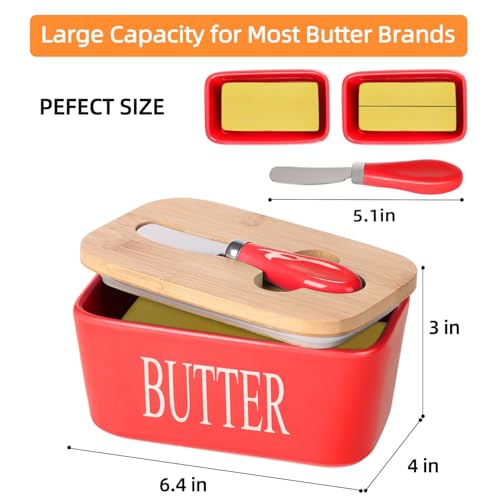 Image of Ceramic Butter Dish with Wooden Lid and Stainless Steel Knife, Large Butter Container Keeper with Bamboo Cover and Silicone Sealing Ring for West and East Coast Butter (Red)
