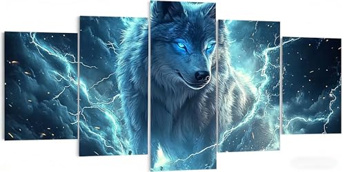 5 Paneles Diamond Painting Lobo, Diamond Painting Niños Animal, 5D Pintura de Diamante Grande, Punto de Cruz Kit Completo, DIY Manualidades Adultos para Decoración Pared Salón 300x150cm W5-449