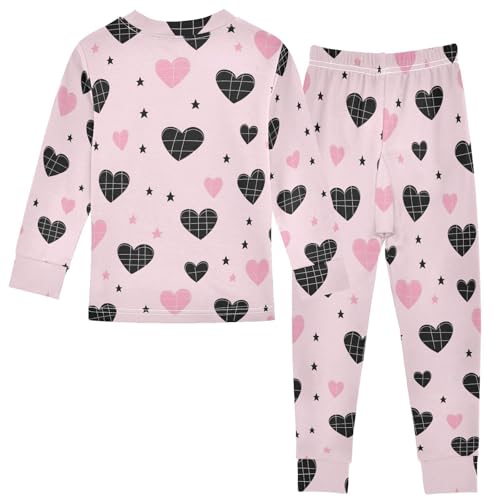 Fustylead Cute Pink and Black Heart with Grid Design Pajamas Cotton Sleepover PJ Set Long Sleeve Lounge Wear2