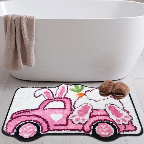 cusugbaso Easter Bath Mat, Bunny Pink Truck Bathroom Rugs - Farmhouse Easter Decorations for The Home - Rustic Cute Bathroom Rugs 16x24 Inches