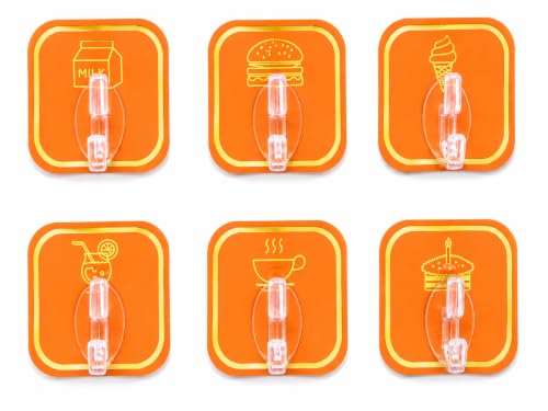 Image of 6 PCS Self Adhesive Wall Hooks Heavy Duty Waterproof Oil Proof No Drill Wall Hanger for Bathroom Kitchen Office Bedroom Coat Towel Keys Bags (6 Pcs, Orange Color)