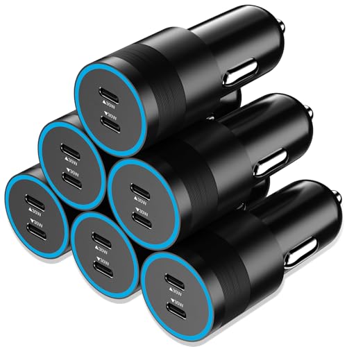 6 Pack 60W Super Fast USB C Car Chargers, Dual 30W PD 3.0 PPS Charging Ports, 12V Cigarette Lighter Adapter Bundle for iPhone 17 16 15 14, iPad, Samsung Galaxy S26 S25, Google Pixel 10 Android Phones