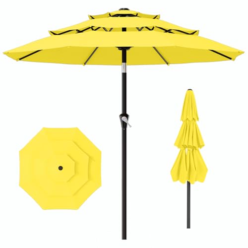 Image of AreShark 9ft 3-Tier Patio Umbrellas, Outdoor Umbrella with 8 Sturdy Ribs UV Protection Windproof, Market Table Umbrella w /Push Button Tilt & Crank for Pool, Porch, Deck, Garden(Yellow)