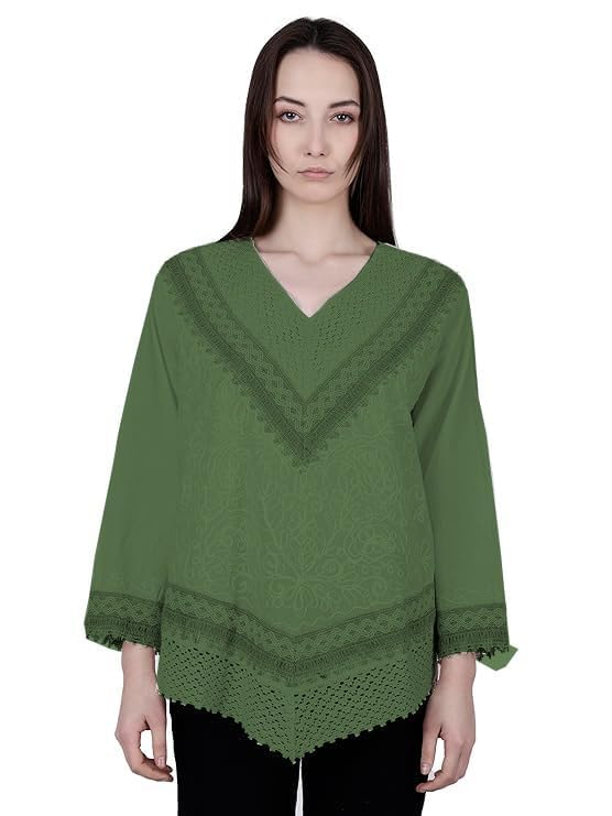 Image of Ukal Hand Embroidered Bige Top /Full Sleeves Cotton Tunic /Summer Short Ethnic Chikan Relaxed Fit Kurti /Boho Short Ethnic Dress for Women (in, Alpha, M, Green)