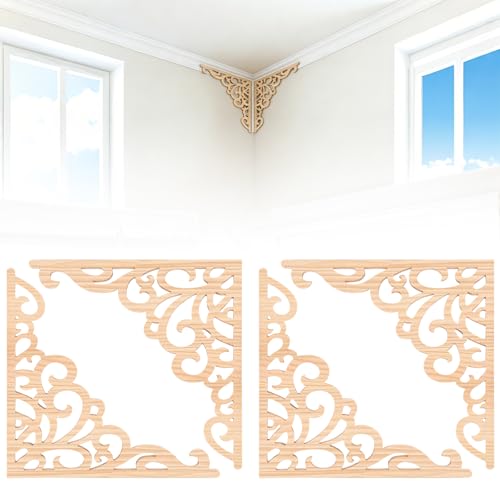 4pcs Ceiling Decorative Corner Line, HSSZXFR 27x27x0.6cm/10.6x10.6x0.23” Unpainted Wooden Ceiling Molding Kit Wood Carved Corner Onlay, for Ceiling Wall Cabinet Door Bed Dresser Mirror Decoration