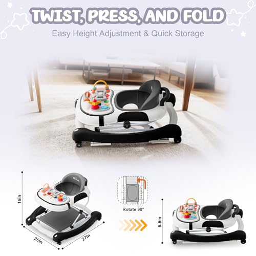 Image of 5-in-1 Foldable Baby Walker,Music and Lights Baby Walker with Wheels,Height Adjustable Infant Walker, with Activity Center, Rocker, Bouncer,Push Walker & Feeding Tray for Babies 6-18 Months (Black)
