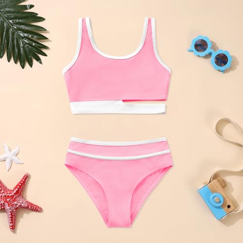 Girls 2 Piece Swimsuit Double Strap High Waist Sporty Bathing Suit Color Block Girls Bikinis Set Size 3-102
