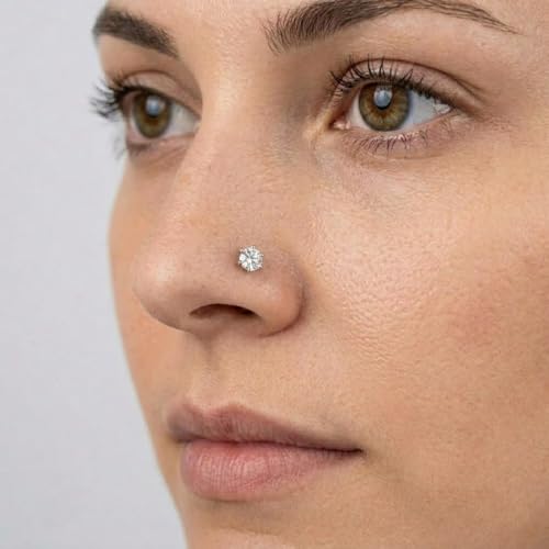 Image of Parnika 925 Sterling Silver Solitaire CZ Nose Pin | Small Size Piercing Nose Stud with Secure Screw Back | Elegant Silver Nose Ring for Women & Girls