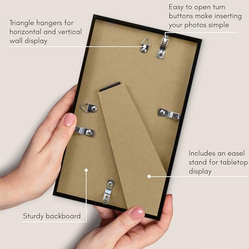 Americanflat 6x10 Picture Frame with Shatter-Resistant Glass - Streamline Collection - Thin Border Photo Frame for Tabletop and Wall Display - Hanging Hardware and Easel Stand Included - Black