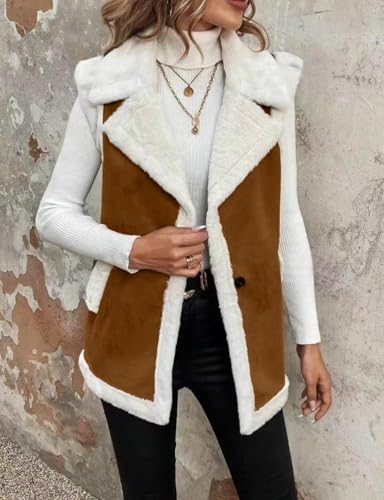 Womens Suede Sherpa Lined Leather Vest Jacket 2024 Fall Winter Sleeveless Lambswool Fur Warm sherpa vest womens3