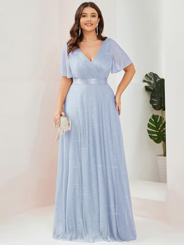 Image of Ever-Pretty Plus Women's Glitter Formal Dress Evening Gown for Gala V-Neck Short Sleeve Floor Length Plus Size Prom Dresses