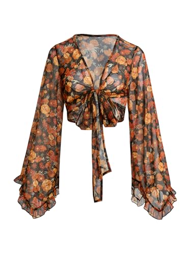 Verdusa Women's 70s Floral Print Tie Front Mesh Cover Up Long Bell Sleeve V Neck Crop Boho Blouse