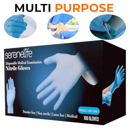 Image of Serenelife 100 count Medium Gloves Nitrile Disposable Latex & Powder Free - Great for Kitchens, Food Handling & Cleaning Supplies - Soft & Comfortable fit - Vinyl & Nitrile blend - Medium -100 Pack