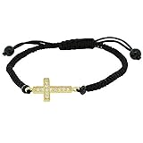 925 Sterling Silver Gol-Tone Black Cord Religious Cross Adjustable Bracelet