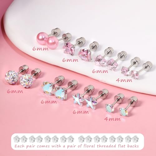 8 Pairs Screw Back Earrings for Girls - Toddler Earrings in Surgical Steel, Hypoallergenic with Heart, Pearl, Star & Cubic Zirconia Flat Back Studs2