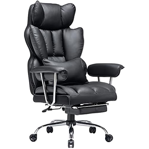 Efomao Big and Tall Office Chair with Foot Rest 400LBS, PU Leather Computer Chair, Heavy Duty Executive Office Chair with Lumbar Support, Black Home Office Chairs