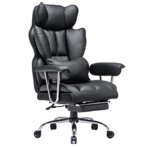 Efomao Big and Tall Office Chair 400lbs – High Back PU Leather Executive Chair with Lumbar Support, Footrest, Swivel Base, Padded Armrests, and Rolling Wheels for Home Office, Black Office Chair by Efomao - Used condition - CA$268.61