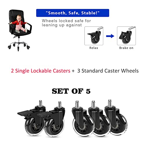 Hirate 5 Pack Office Chair Casters (2 With Brakes, 3 Without), 3" Lockable Heavy Duty Swivel Caster Replacements Smooth Rolling For Hardwood Floor Carpet #TOP5