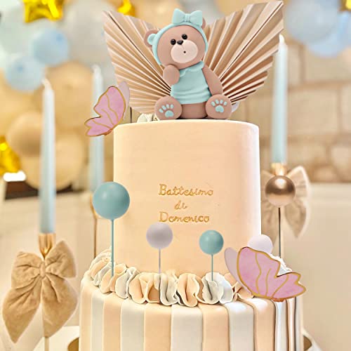 Queeke 25Pcs Teddy Bear Cake Topper Boho Mini Bear Cake Decorations With Gold Balls Butterflies For Baby Shower Birthday Party Gender Reveal Teddy Bear Themed Party Supplies #TOP5