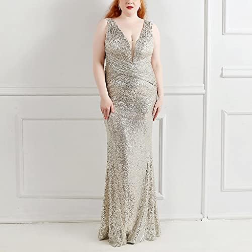 فستان سهرة نسائي مقاس كبير بالترتر على شكل حرف V ورقبة أنيقة بدون أكمام للمناسبات الرسمية