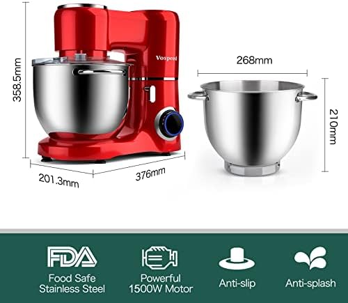 Vospeed Stand Mixer 1500W 8L Cake Mixer Electric Kitchen Food Mixer with Stainless Steel Bowl, Beater, Dough Hook, Whisk for Baking, Dishwasher Safe (Red)