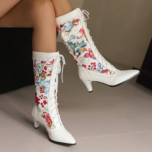 Alyaafifa Lace Up Mid Calf Victorian Boots for Women Kitten Low Heel Closed Round Toe Vintage Gothic Long Boots with Bow Zipper Matte Leather Dress Shoes Comfortable3