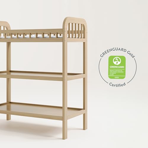 Image of Storkcraft Pasadena Changing Table with Water-Resistant Changing Pad (Driftwood) - GREENGUARD Gold Certified, Includes Bonus Water-Resistant Changing Pad with Safety Strap, 2 Open Shelves