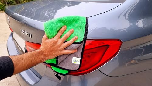 Image of SOFTSPUN Microfiber Cloth for Car Coral 800 GSM 40X60cms 4 Pcs Green+Grey! Extra Thick Microfiber Cleaning Cloths Perfect for Bike, Auto, Cars Both Interior and Exterior.