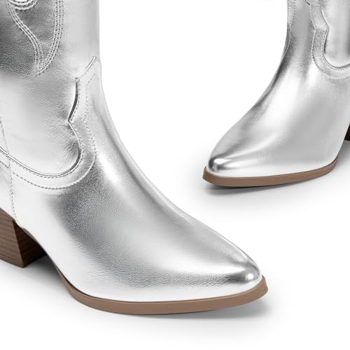 Image of DREAM PAIRS Cowboy Boots for Women Cowgirl Knee High Boots Comfortable Pull On Zipper Chunky Heel Pointed Toe Embroidered Western Boots