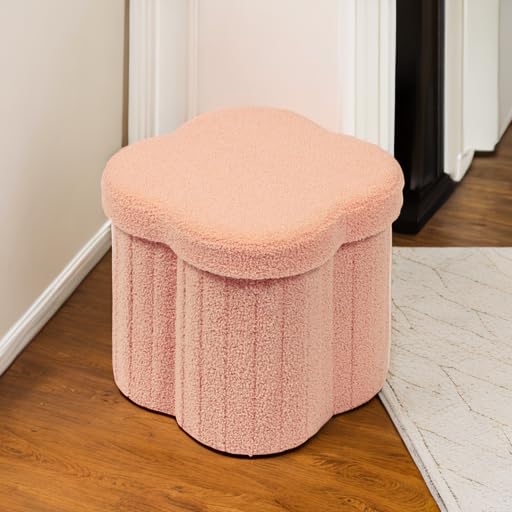Image of B FSOBEIIALEO Storage Ottoman Cube, Flowers Shaped Ottomans with Storage Foot Stool Footrest for Lving Room, Boucle Ottoman Seat for Dorm Room,Faux Teddy Fur, Orange 12.6 inchx12.6 inchx12.6 inch