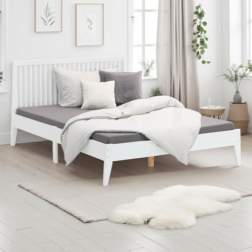 Homestyle4u Massivholz Bett Holzbett 140x200 mit Lattenrost und Kopfteil Weiß, langlebiges Doppelbett Bettgestell Kiefer | Artikel 1844
