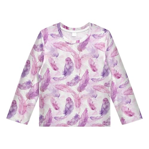 Purple Feather Pattern Boys Rash Guard Swim Shirts Long Sleeve UPF 50+ Quick Dry Sun Protection Shirt Swimwear Surf Tops for Toddler Kid Fishing Swimming Outdoor 11-12T