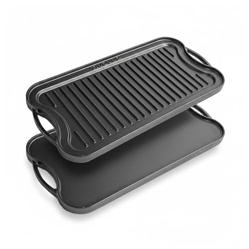 nuovva Cast Iron Griddle Pan for Gas Hob and BBQ Griddle pan Double Sided Pre-Seasoned Grill Tray for Healthy and Delicious Cooking Flat and Ridged Surfaces 50 x 25cm